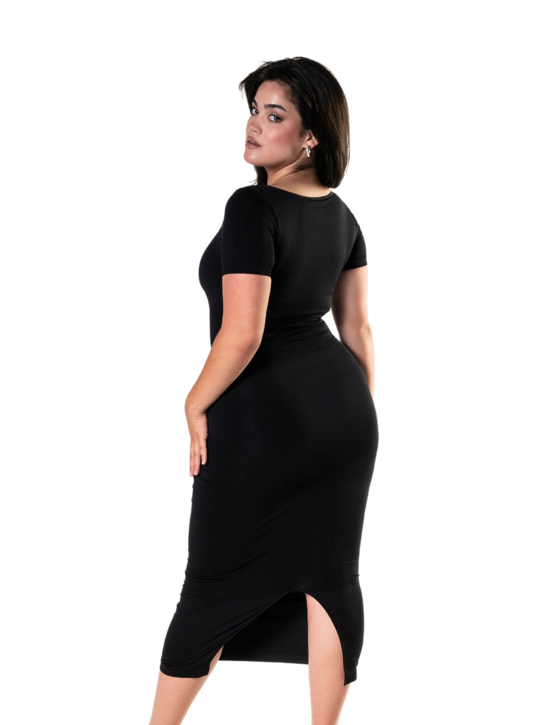 Body Modelador Midi Vestido com Fenda e Mangas Curtas
